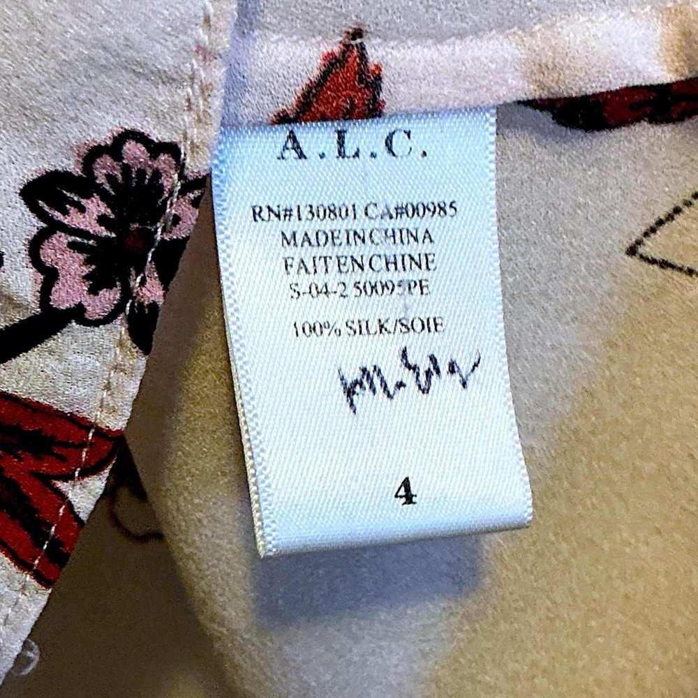 A.L.C. 100% Silk Floral Blouse Size 4 Cream Tie Neck Mandarin Collar Top - Picture 8 of 8